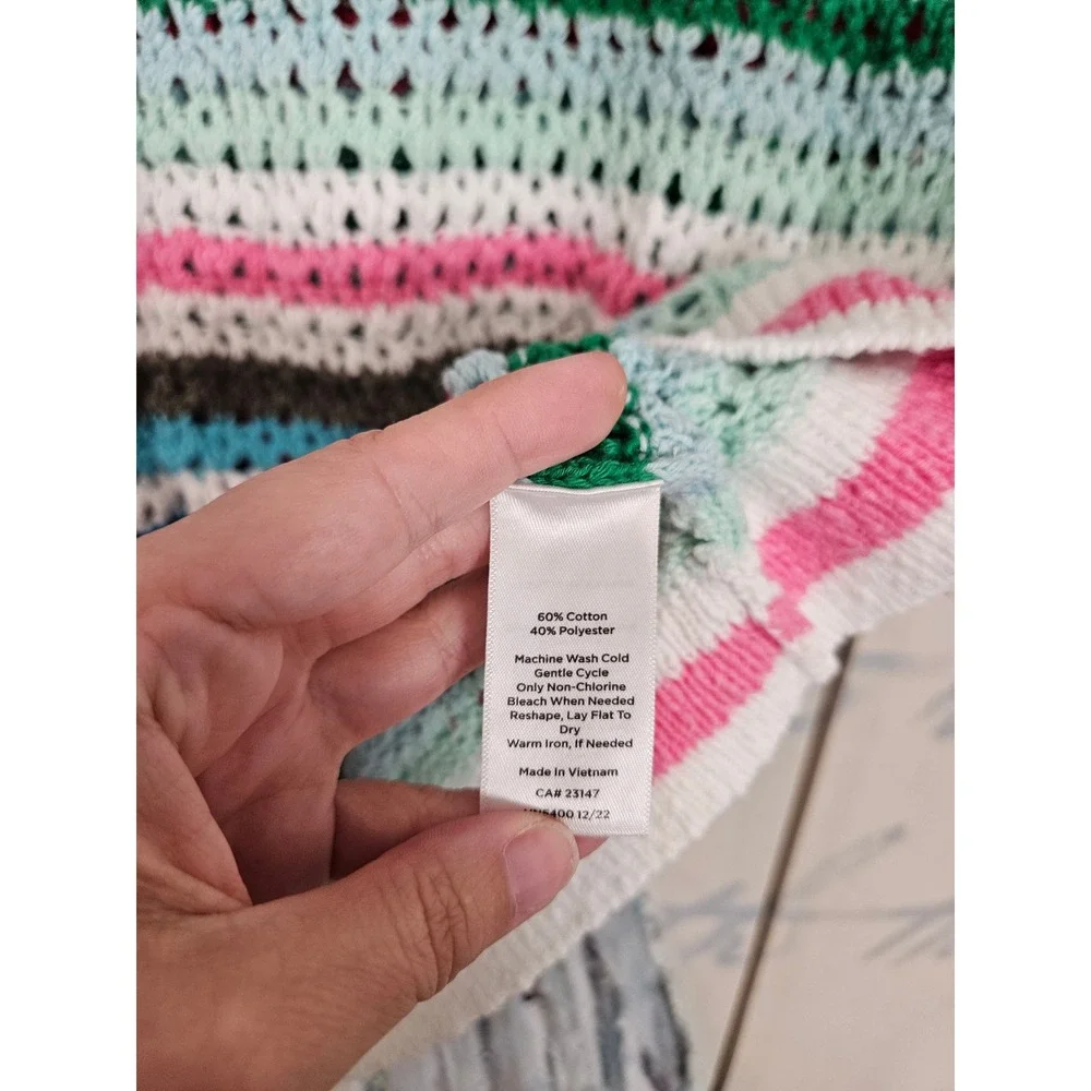 Talbots Crochet Sweater Vest SP Multicolor Striped Open Knit Coastal Preppy
